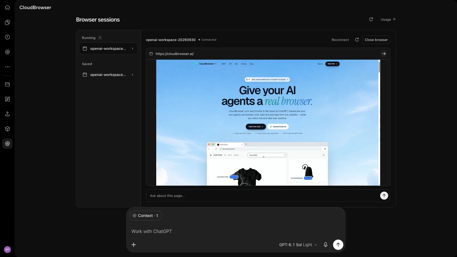The CloudBrowser Browser sessions workspace inside ChatGPT, showing a running browser with cloudbrowser.ai loaded, the saved sessions list and the Ask about this page box.